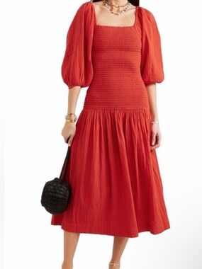 RHODE Harper Red Puff-Sleeve Smocked Midi Dress